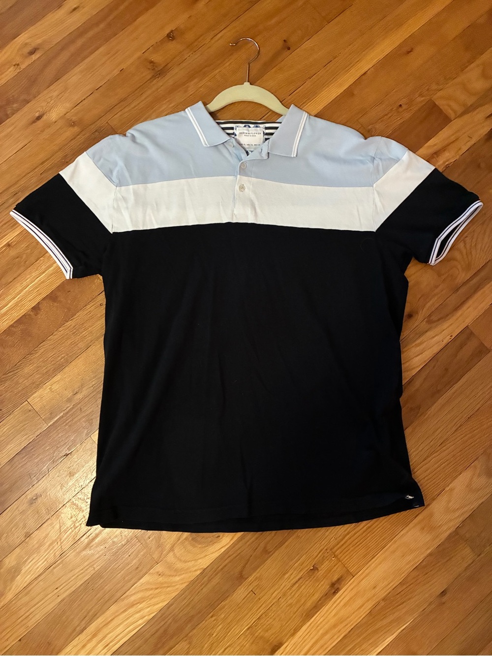 Denim & Flower Men's Colorblock Polo — Light Blue, White & Black